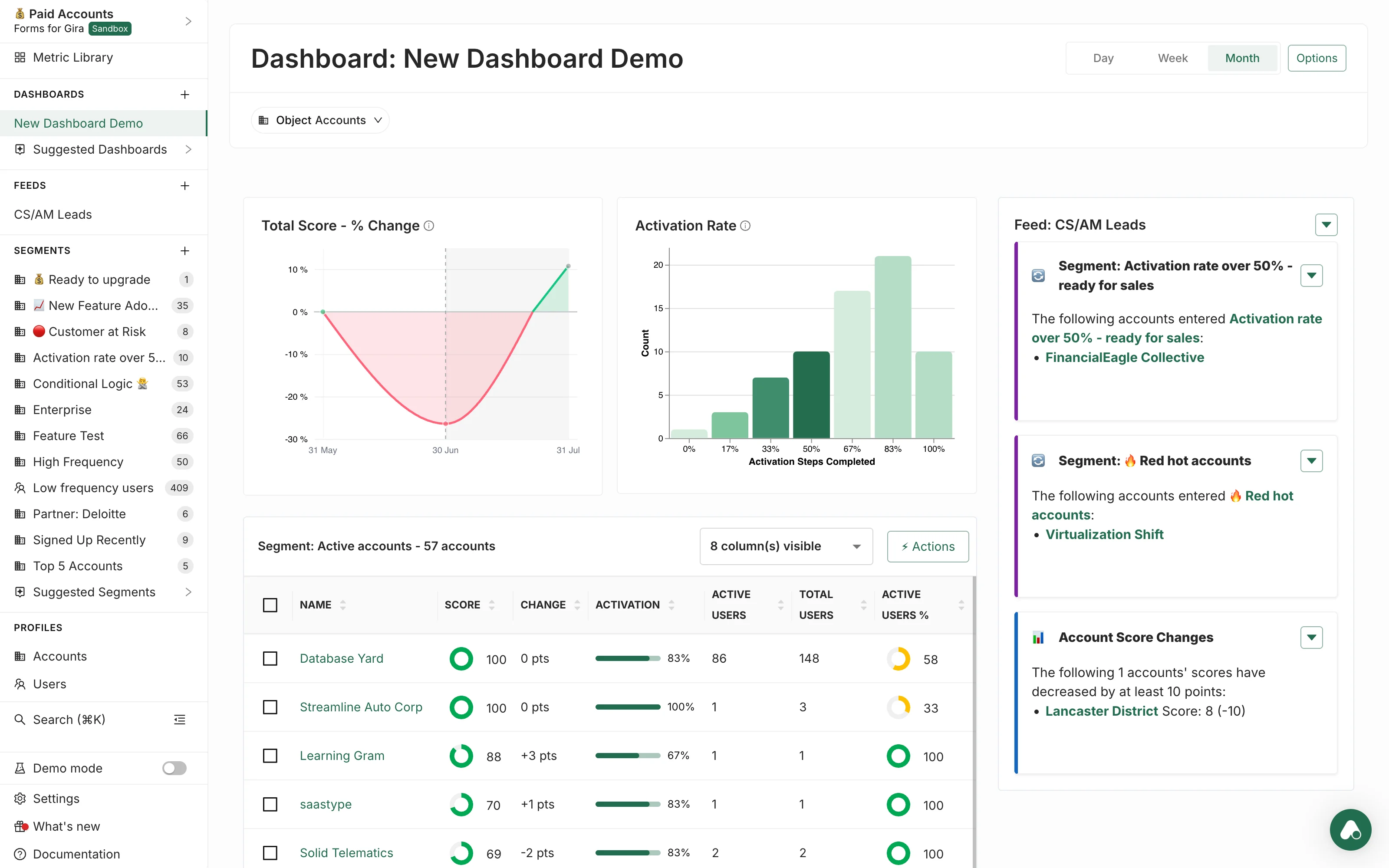 Accoil dashboard showing account engagement, activation, and the live segment table